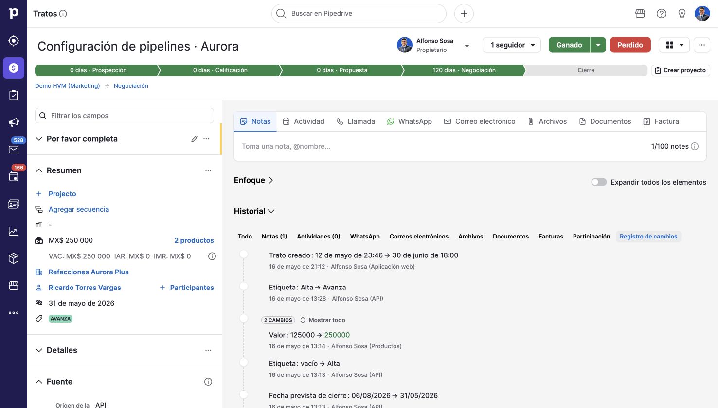 Trazabilidad de ajustes. Pipedrive en una cuenta de demostración.